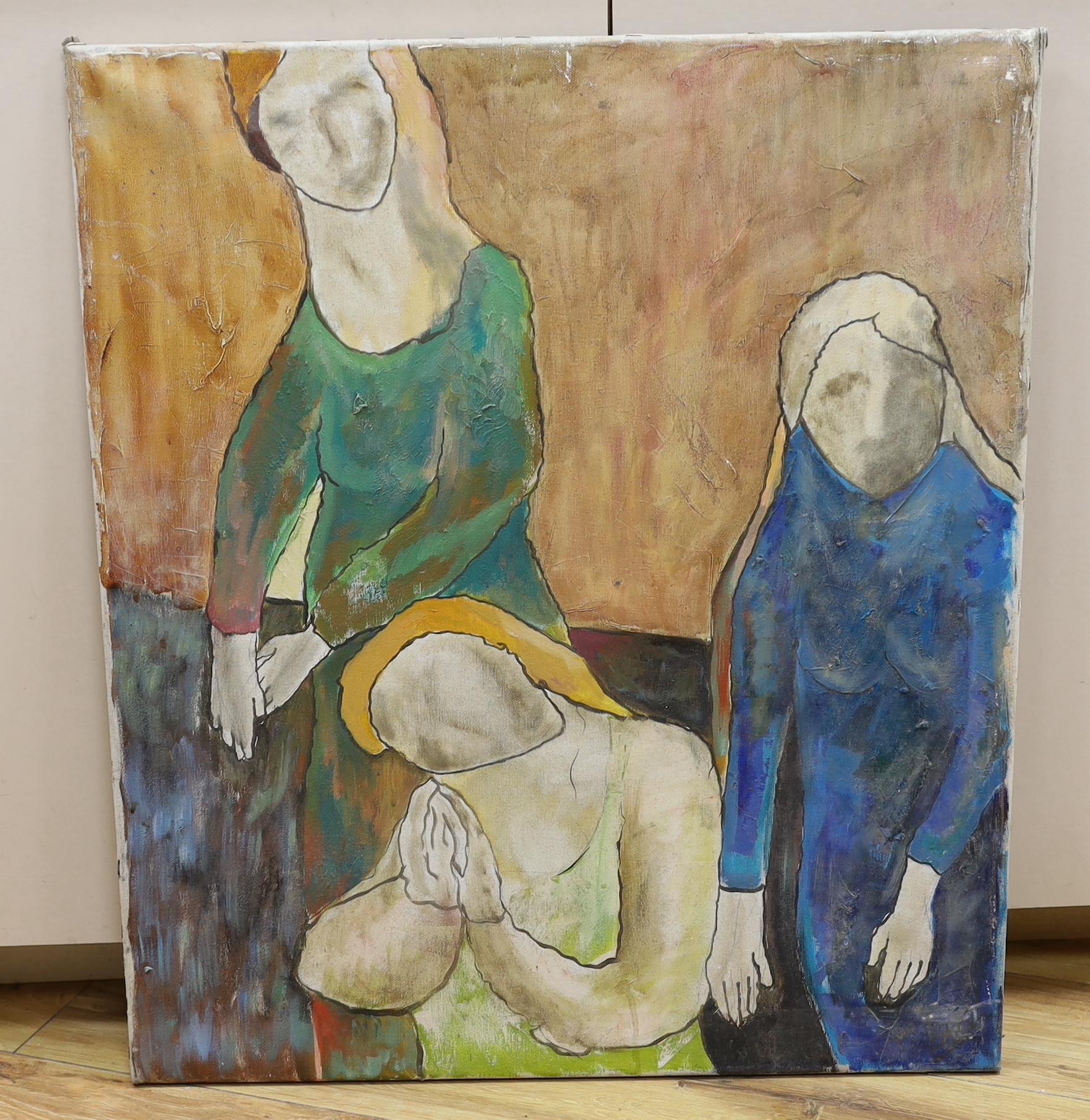 Continental School, oil on canvas, Study of three figures, indistinctly signed, 69 x 59cm, unframed